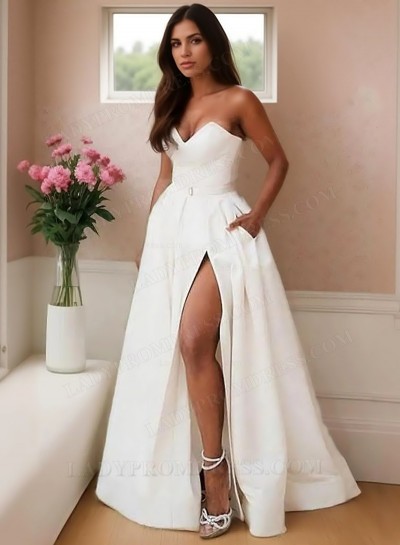A-Line Princess Satin Sweetheart Ruched Sleeveless Floor-Length 2025 Prom Dresses