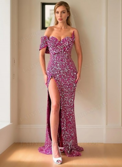 Sheath/Column Sequins Off the Shoulder Sleeveless Floor-Length Prom Dresses