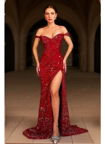 Sheath/Column Sequins Off the Shoulder Ruched Sweep/Brush Train Prom Dresses