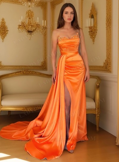 Column/Sheath Silk Like Satin Sweetheart Sweep/Brush Train Prom Dresses