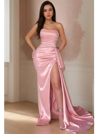 2025 Sheath/Column Silk Like Satin Strapless Sweep/Brush Train Prom Dresses