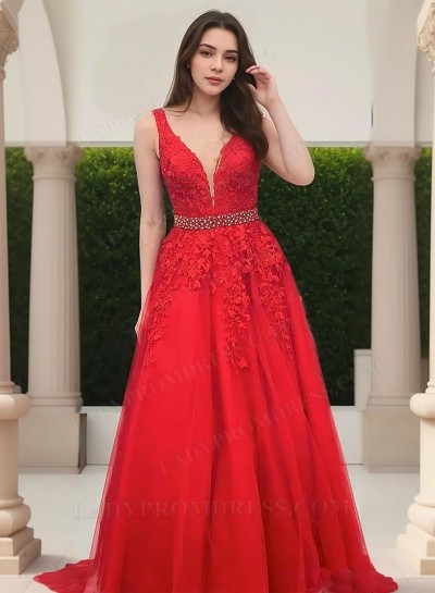 A-Line Princess Tulle V-neck Appliques Floor-Length 2025 Prom Dresses