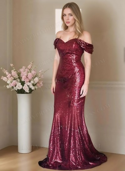 Column/Sheath Sequins Off the Shoulder Sweep/Brush Train Prom Dresses