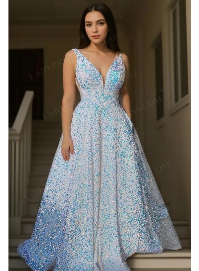 2025 A-Line Princess Sequins Sleeveless V-neck Sweep/Brush Train Prom Dresses