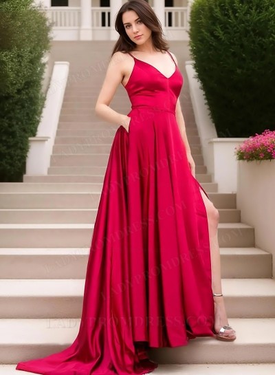 A-Line Princess Silk Like Satin Spaghetti Straps Ruched Sweep/Brush Train Prom Dresses