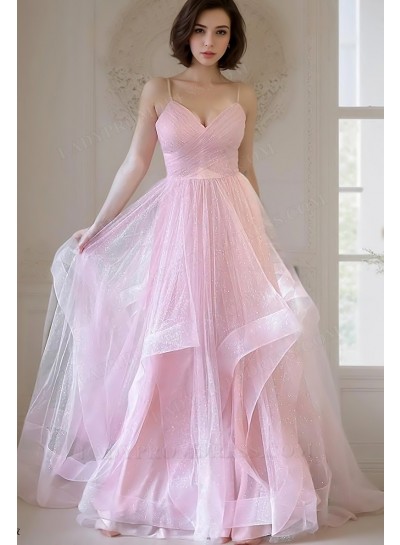 2025 A-Line Princess Tulle Halter Sleeveless Sweep/Brush Train Prom Dresses