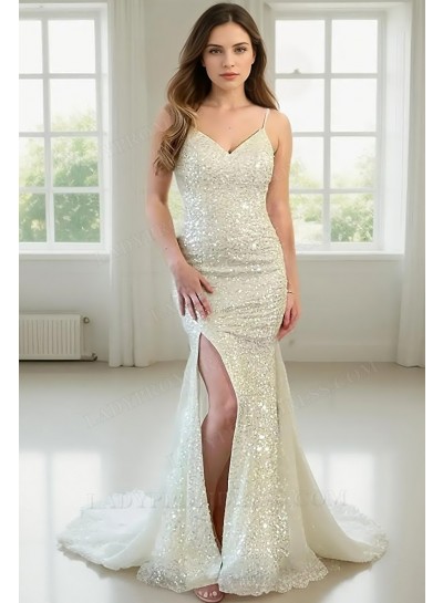 2025 Sheath/Column Sequins Spaghetti Straps Lace Up Floor-Length Prom Dresses