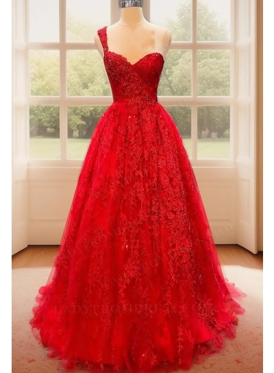A-Line Princess Appliques Tulle One Shoulder Sweep/Brush Train Prom Dresses