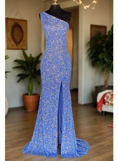 2025 Sheath/Column Sequins One Shoulder Sleeveless Floor-Length Prom Dresses