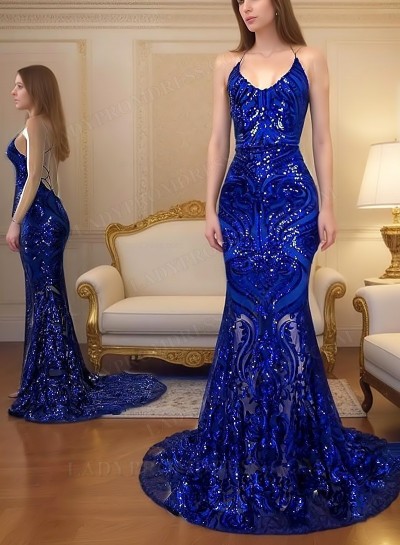 2025 Sheath Sequins Spaghetti Straps Sleeveless Sweep Train Prom Dresses