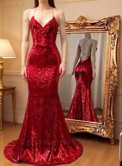 2025 Halter Sequins Red Mermaid Prom Dresses