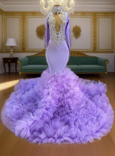 2025 Long Sleeves V-neck Lilac Multi-layered Tulle Long Prom Dresses