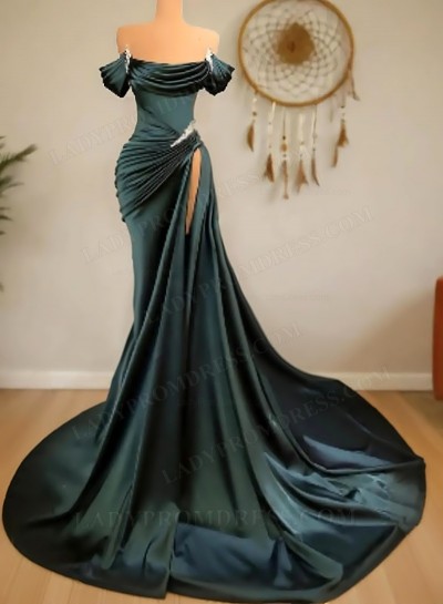 2025 A-line Sheath Off the Shoulder Dark Green Prom Dresses
