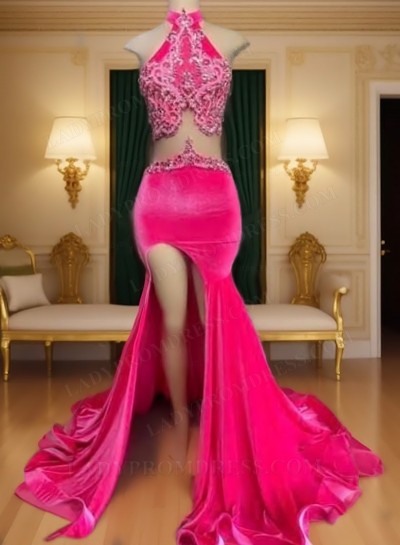 2025 Fuchsia Halter Two Pieces Long Prom Dresses 2025