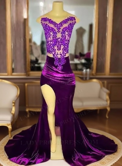 Sheath 2025 Velvet Side Slit Long Purple Prom Dresses With Appliques 