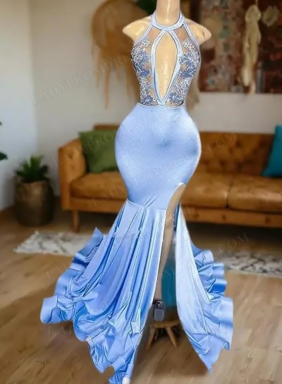 Blue Mermaid Halter Front Side Slit Long Prom Dresses With Appliques 2025
