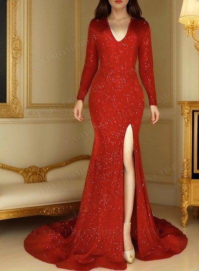 2025 Red Long Sleeves Lace V Neck Shearth Prom Dresses