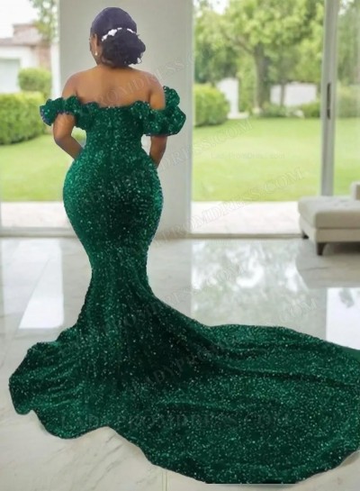 2024 Mermaid Hunter Off Shoulder Sequence Sweetheart Long Prom Dresses