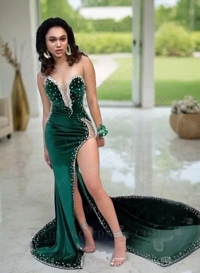 A Line Dark Green Sweetheart Beaded Prom Dresses