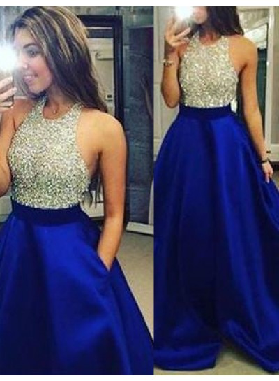 2024 Royal Blue Beading Halter A-Line/Princess Satin Prom Dresses