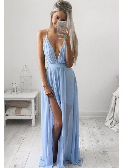 LadyPromDress 2024 Blue Prom Dresses Floor-Length/Long A-Line/Princess Spaghetti Straps Chiffon