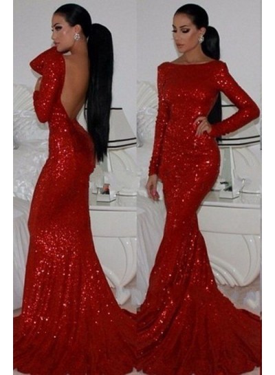 2024 Gorgeous Red Long Sleeve Backless Mermaid/Trumpet Sequined Prom Dresses