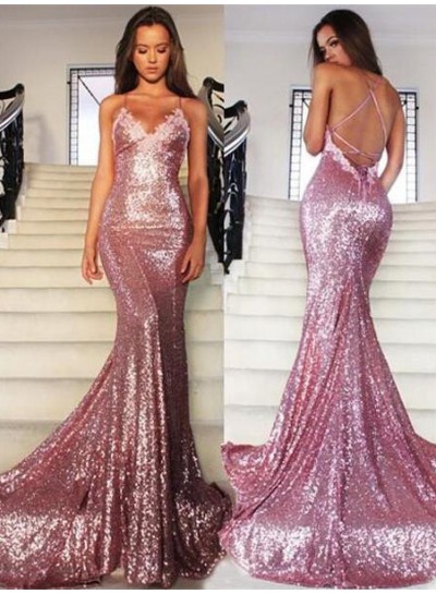 Mermaid/Trumpet Spaghetti Straps Backless Sequins Prom Dresses