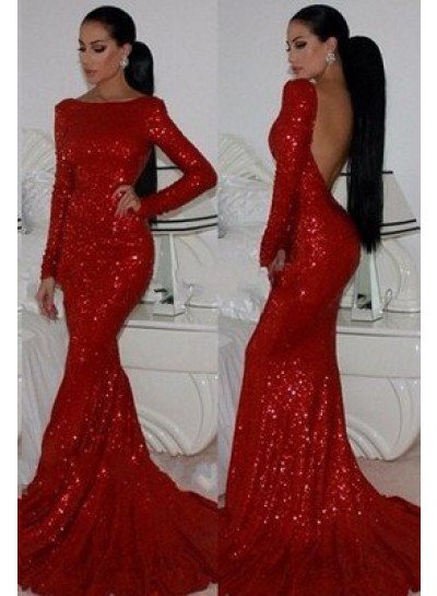 2024 Gorgeous Red Mermaid/Trumpet Bateau Long Sleeve Backless Sequined Prom Dresses
