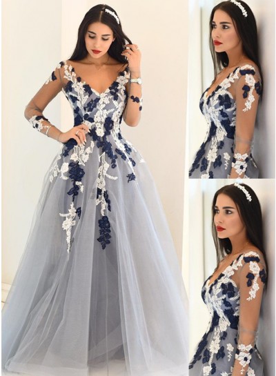 LadyPromDress 2024 Light Sky Blue Sheer Sleeves Appliques A-Line/Princess Tulle Prom Dresses