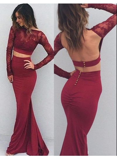 Burgundy Long Sleeve Mermaid/Trumpet Stretch Satin Two Pieces Prom Dresses