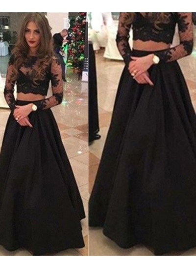 2024 Junoesque Black Long Sleeve A-Line/Princess Lace Two Pieces Prom Dresses