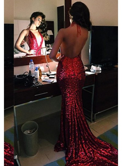 Sexy 2024 Gorgeous Red Sequins Backless Mermaid/Trumpet Prom Dresses