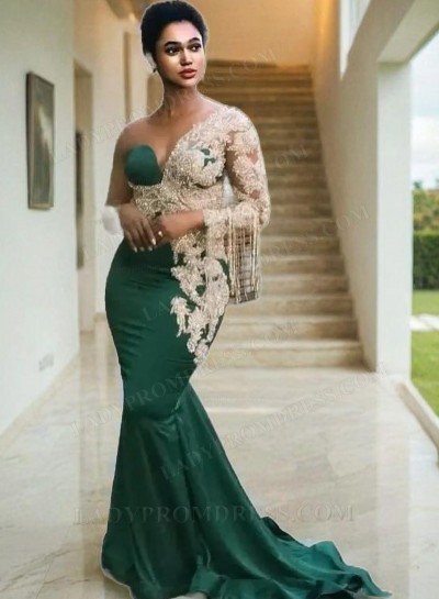 One Shoulder Sheath Beaded Satin Emerald Green Long Prom Dresses