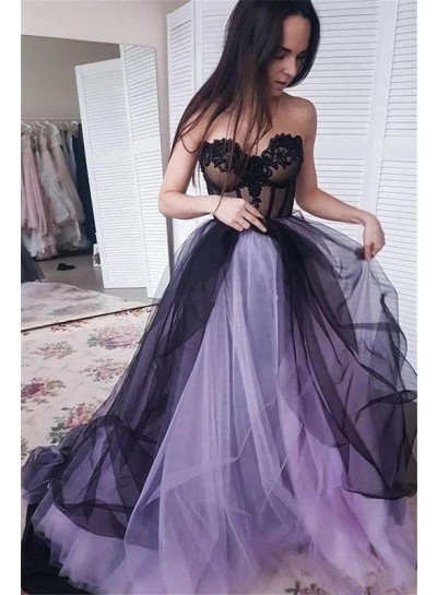 Sweetheart Neck A Line Black Tulle Lavender Prom Dresses