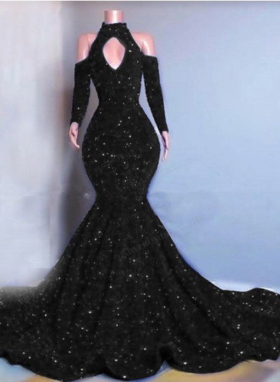 Black Long Sleeves Mermaid Sequins Prom Dresses 2024