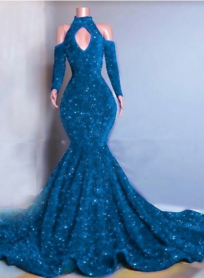 Blue Long Sleeves Mermaid Sequins Prom Dresses 2024