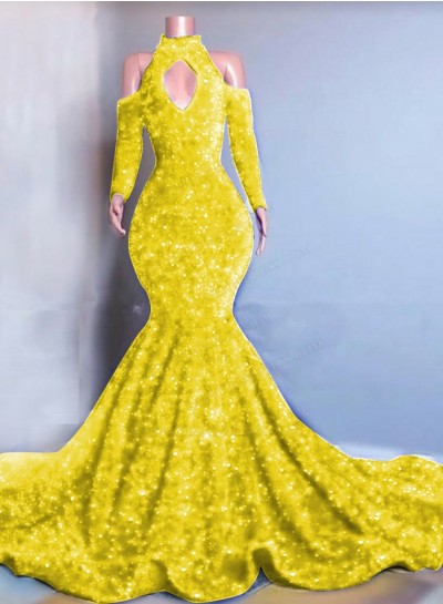 Daffodil Long Sleeves Mermaid Sequins Prom Dresses 2024