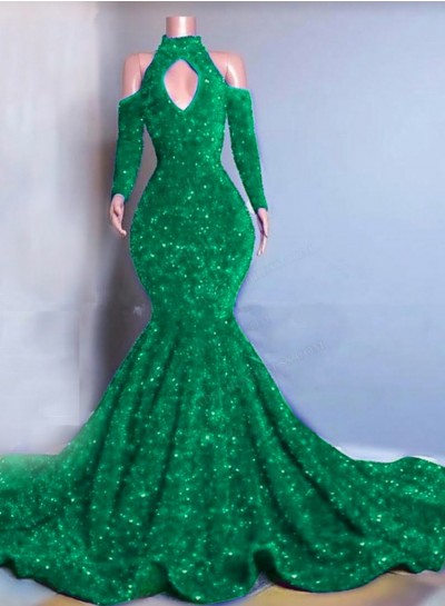 Emerald Long Sleeves Mermaid Sequins Prom Dresses 2024