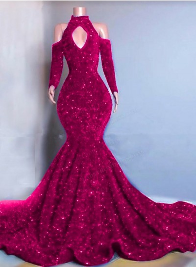 Fuchsia Long Sleeves Mermaid Sequins Prom Dresses 2024