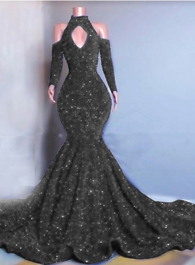 Grey Long Sleeves Mermaid Sequins Prom Dresses 2024