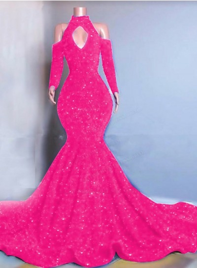 Hot Pink Long Sleeves Mermaid Sequins Prom Dresses 2024