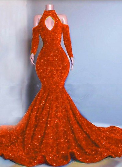 Orange Long Sleeves Mermaid Sequins Prom Dresses 2024