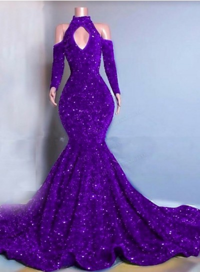 Purple Long Sleeves Mermaid Sequins Prom Dresses 2024