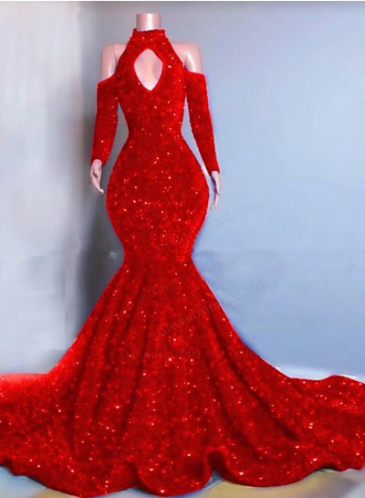 Red Long Sleeves Mermaid Sequins Prom Dresses 2024