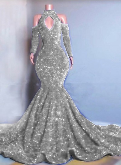 Silver Long Sleeves Mermaid Sequins Prom Dresses 2024