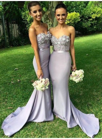 2024 Newly Silver Mermaid Satin Sweetheart With Appliques Long Train Bridesmaid Dresses / Gowns