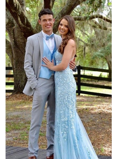 2024 Light Sky Blue Halter Backless Tulle With Appliques Long Prom Dresses