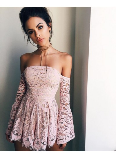 A-Line Off-the-Shoulder Long Sleeves Short Blush Lace Cocktail Homecoming Dress 2024