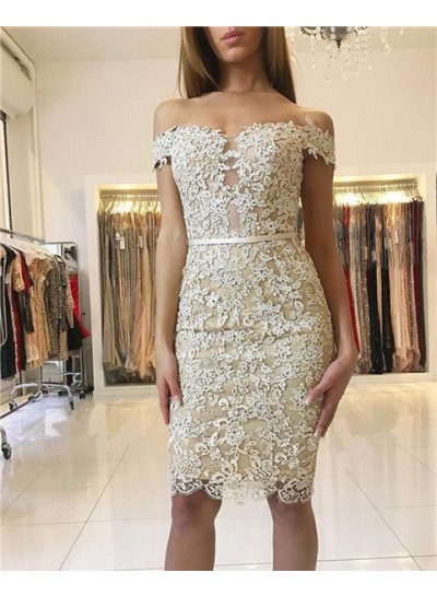 Sheath Off-the-Shoulder Knee-Length Light Champagne Lace Homecoming Dress 2024