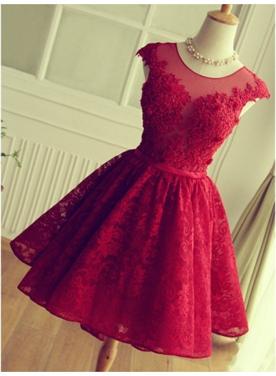 A-Line Jewel Cap Sleeves Red Lace Short Homecoming Dress 2024 with Beading